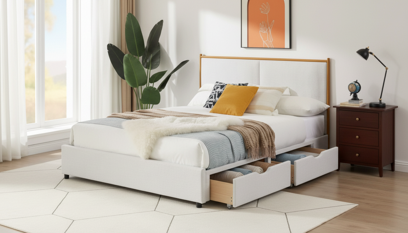 Cozy Queen Bed with Steamed Bread Headboard + Drawers