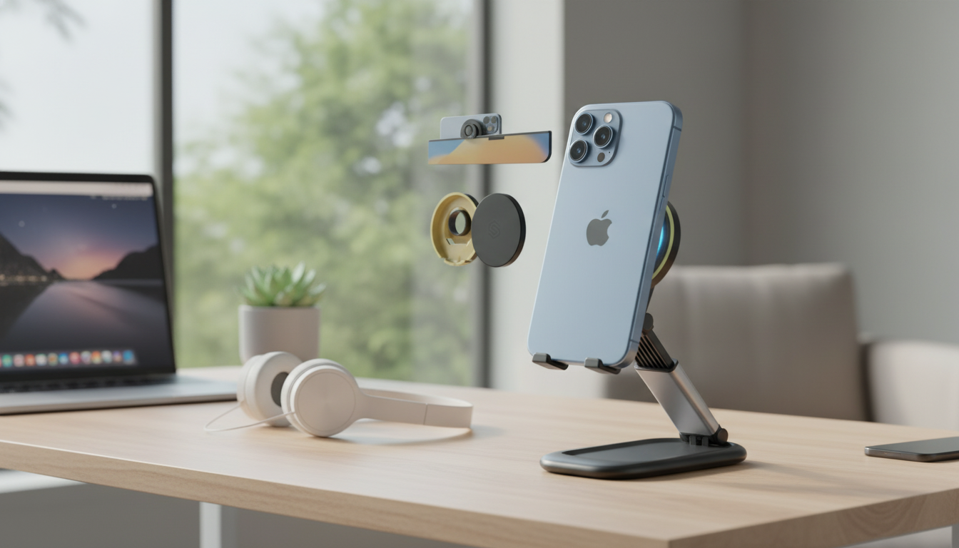 Magnetic Foldable iPhone Stand + Detachable Webcam Mount