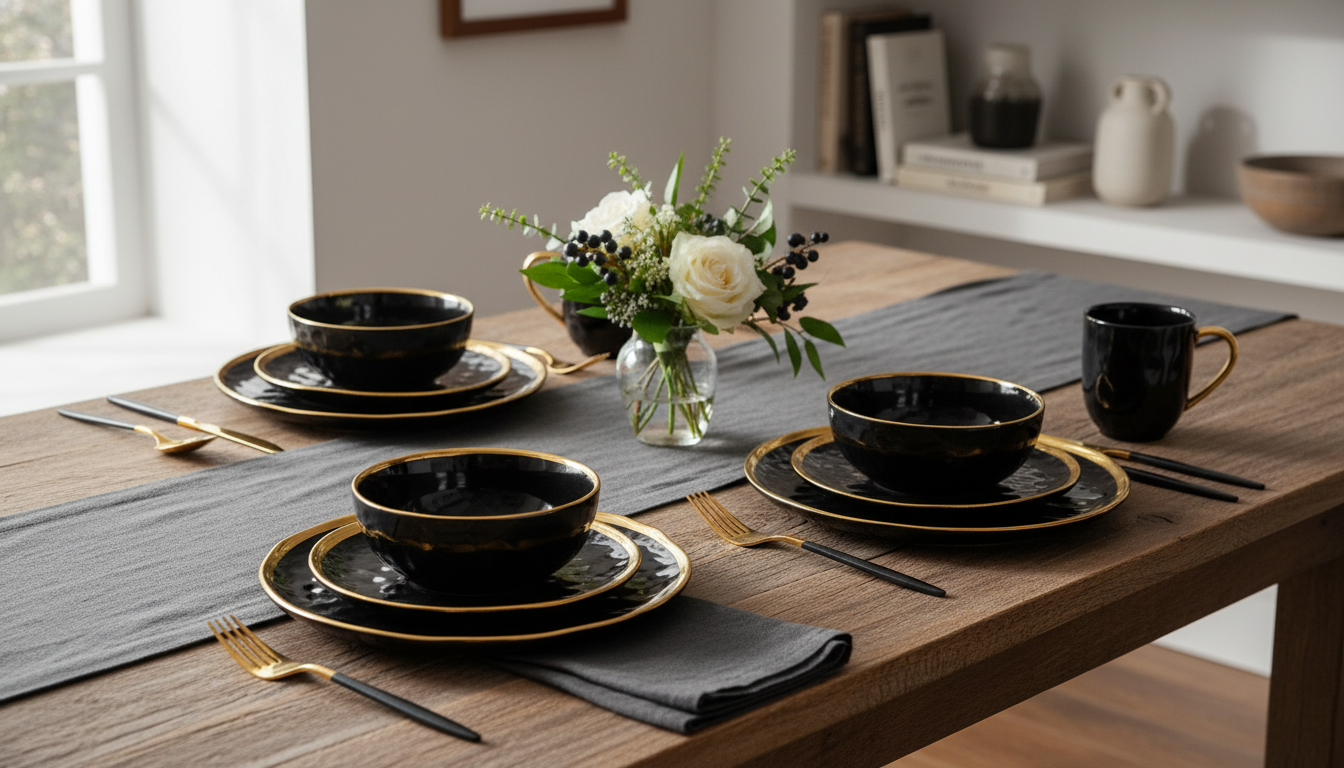 Black Porcelain Dinnerware Set with Gold Trim (16-Piece)