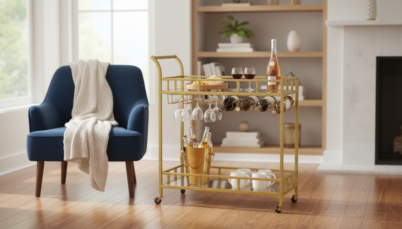Gold Bar Cart: Lockable Wheels + Tempered Glass Shelves