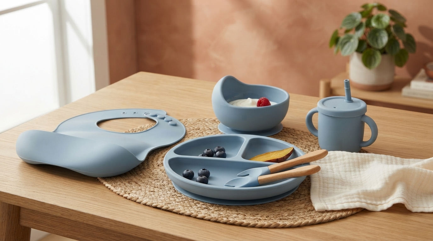 Silicone Suction Bowl, Bib & Cups: 6-Piece Feeding Set