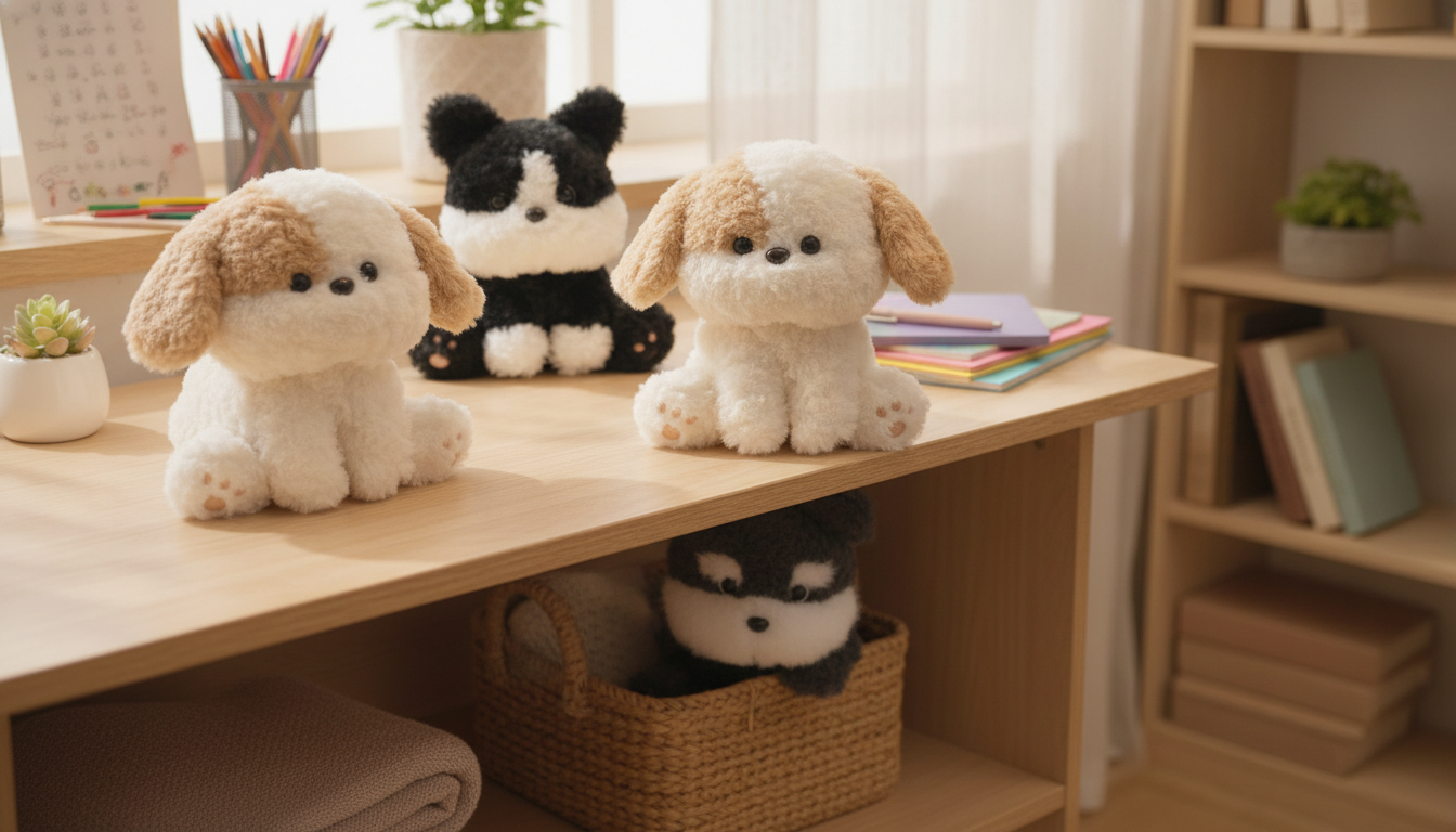 Fluffy Kawaii Sitting Puppy Plush for Desk & Shelf