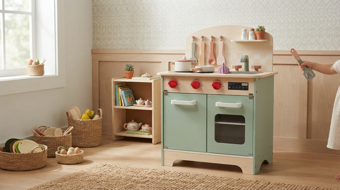 Realistic Wooden Play Kitchen Set with Stove & Oven